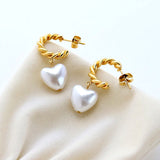 Salve ‘Te Amo’ Half Hoop Pearl Heart Drop Gold Earrings