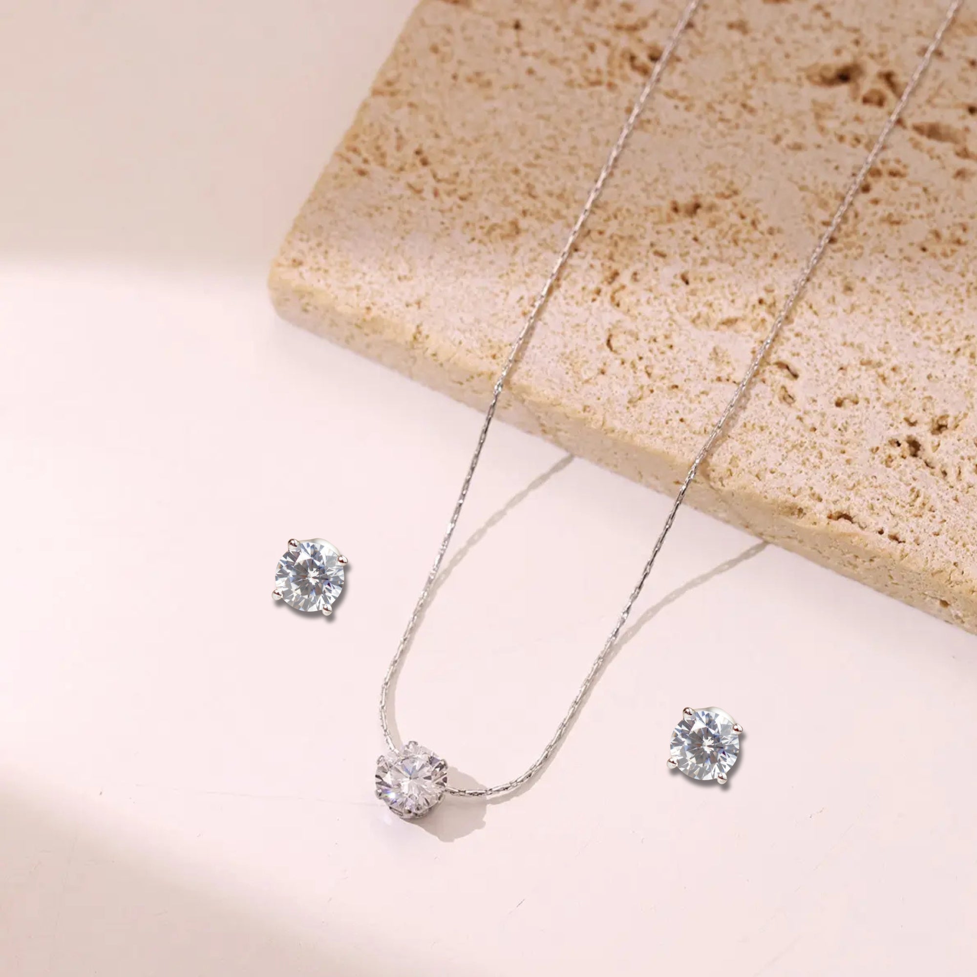 Salve Silver-Toned Solitaire Pendant Set - Main Image