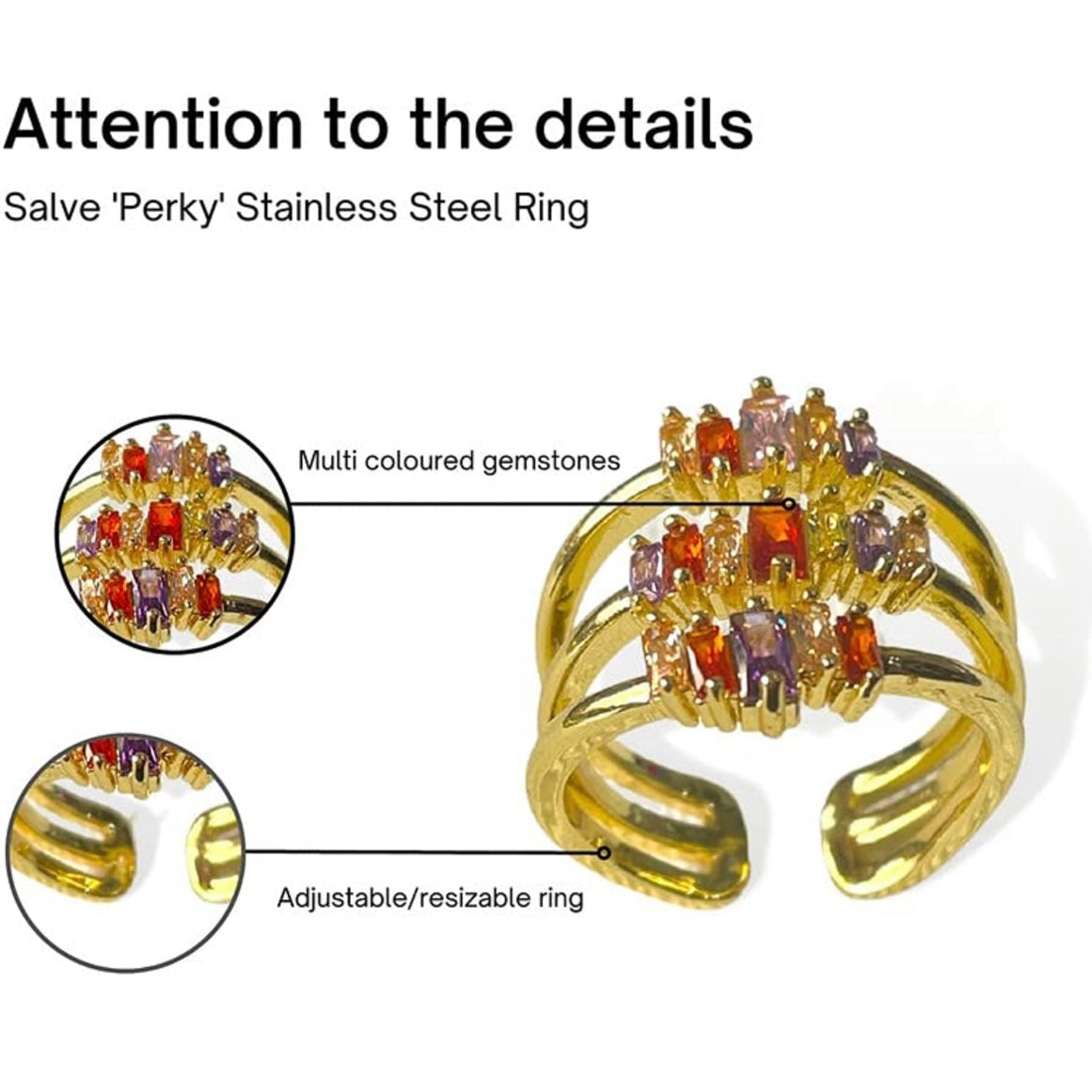 Salve ‘Perky’ Multicoloured Gemstone Stainless Steel Adjustable Ring SALVE