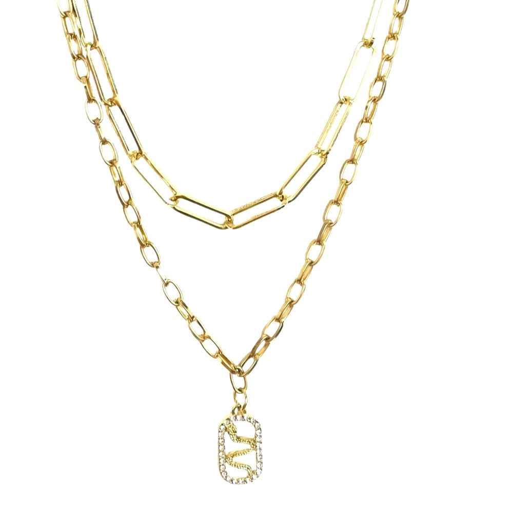 Salve Serpent Dual - Layered Two - Layered Gold Chain Link Snake Studded Unique Pendant Necklace SALVE