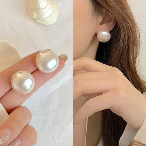 Salve Classic Brilliant White Faux Round Pearl Ball Stud Earrings | Oversized, Big Party Statement Studs, Celebrity Inspired