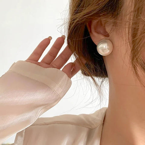 Salve Classic Brilliant White Faux Round Pearl Ball Stud Earrings | Oversized, Big Party Statement Studs, Celebrity Inspired