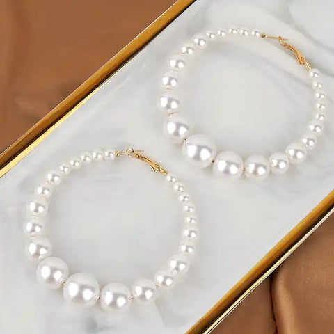 Salve ‘Audrey’ White Faux Pearl Princess Hoop Earrings | Statement Dangle Drop Earrings for Women
