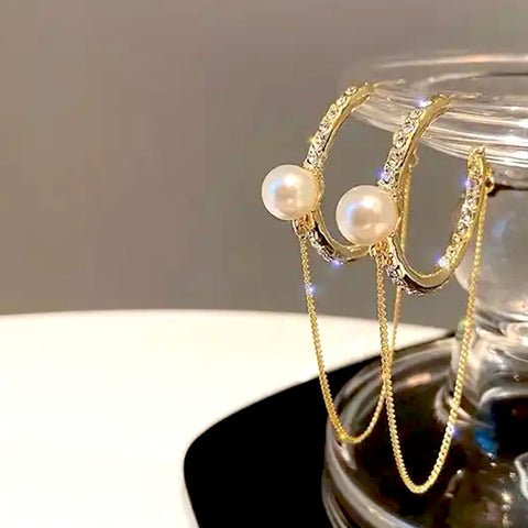 Salve ‘Imperial’ Contemporary Pearl Tassel Chain Drop Hoop Earrings | Statement Hoops for Women