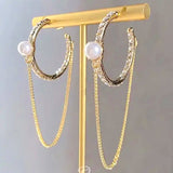 Salve ‘Imperial’ Contemporary Pearl Tassel Chain Hoop Earrings