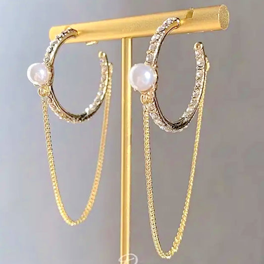 Salve ‘Imperial’ Contemporary Pearl Tassel Chain Drop Hoop Earrings | Statement Hoops for Women