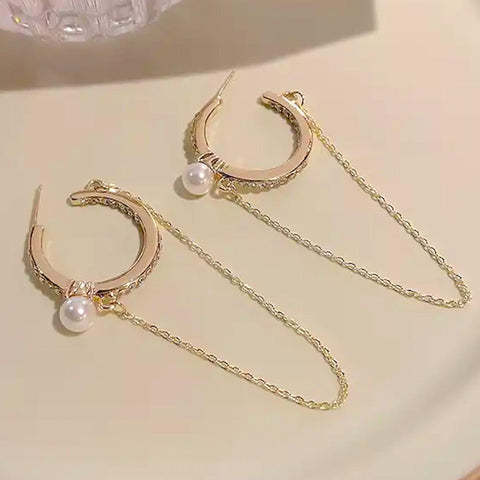 Salve ‘Imperial’ Contemporary Pearl Tassel Chain Drop Hoop Earrings | Statement Hoops for Women