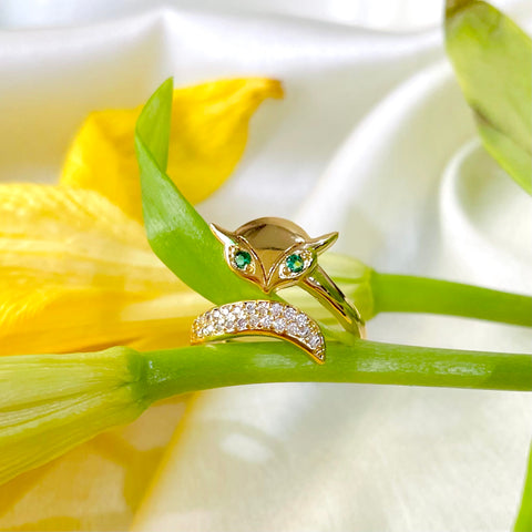 Salve ‘Foxy’ Anti-Tarnish Gold Fox Ring | Adjustable, Green Eyes, Stainless Steel, Zircon Studded Ring