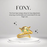 Salve ‘Foxy’ Anti-Tarnish Gold Fox Ring | Adjustable, Green Eyes, Stainless Steel, Zircon Studded Ring