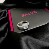 Salve ‘Diva’ Anti-Tarnish Silver Square Solitaire Halo Silver Adjustable Ring | Princess Cushion Cut Promise Engagement Ring
