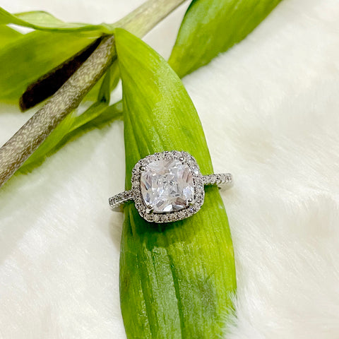 Salve ‘Diva’ Anti-Tarnish Silver Square Solitaire Halo Silver Adjustable Ring | Princess Cushion Cut Promise Engagement Ring