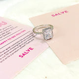 Salve ‘Princess’ Silver Solitaire Halo Ring | Emerald Cut, Anti-Tarnish, Zircon Studded