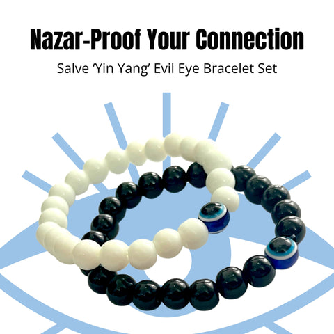 Salve 'Yin Yang’ Black & White Evil Eye Stone Adjustable Bracelet Set of 2 | Couple Gift Set Combo, Free Size, Natural Healing Reiki Gemstone Band for Women & Men