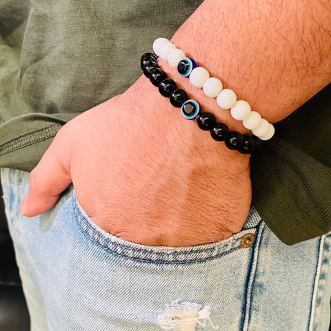Salve 'Yin Yang’ Black & White Evil Eye Stone Adjustable Bracelet Set of 2 | Couple Gift Set Combo, Free Size, Natural Healing Reiki Gemstone Band for Women & Men