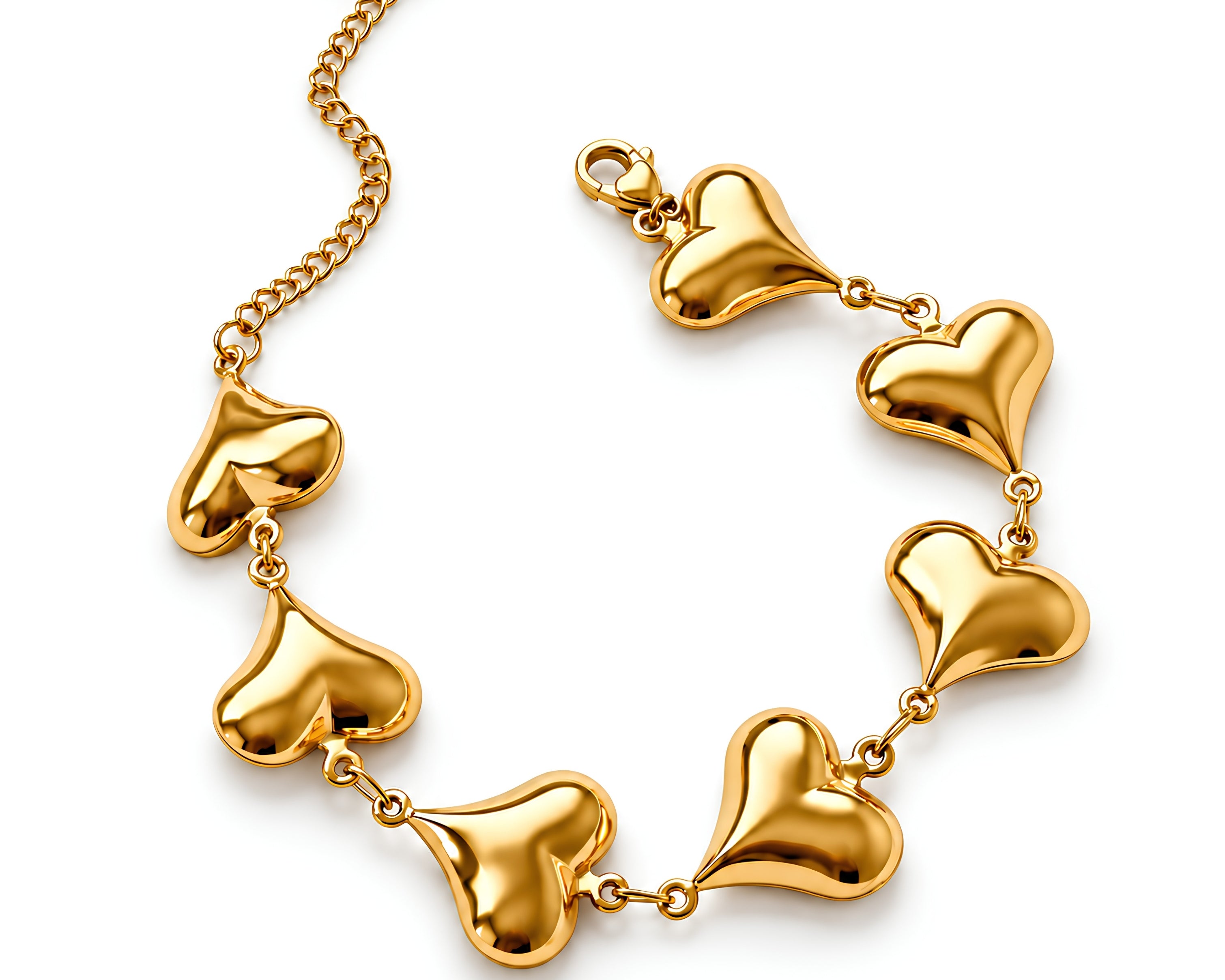 Gold Coquette 7 Hearts bracelet by SALVE featuring seven heart-shaped charms on a delicate chain.