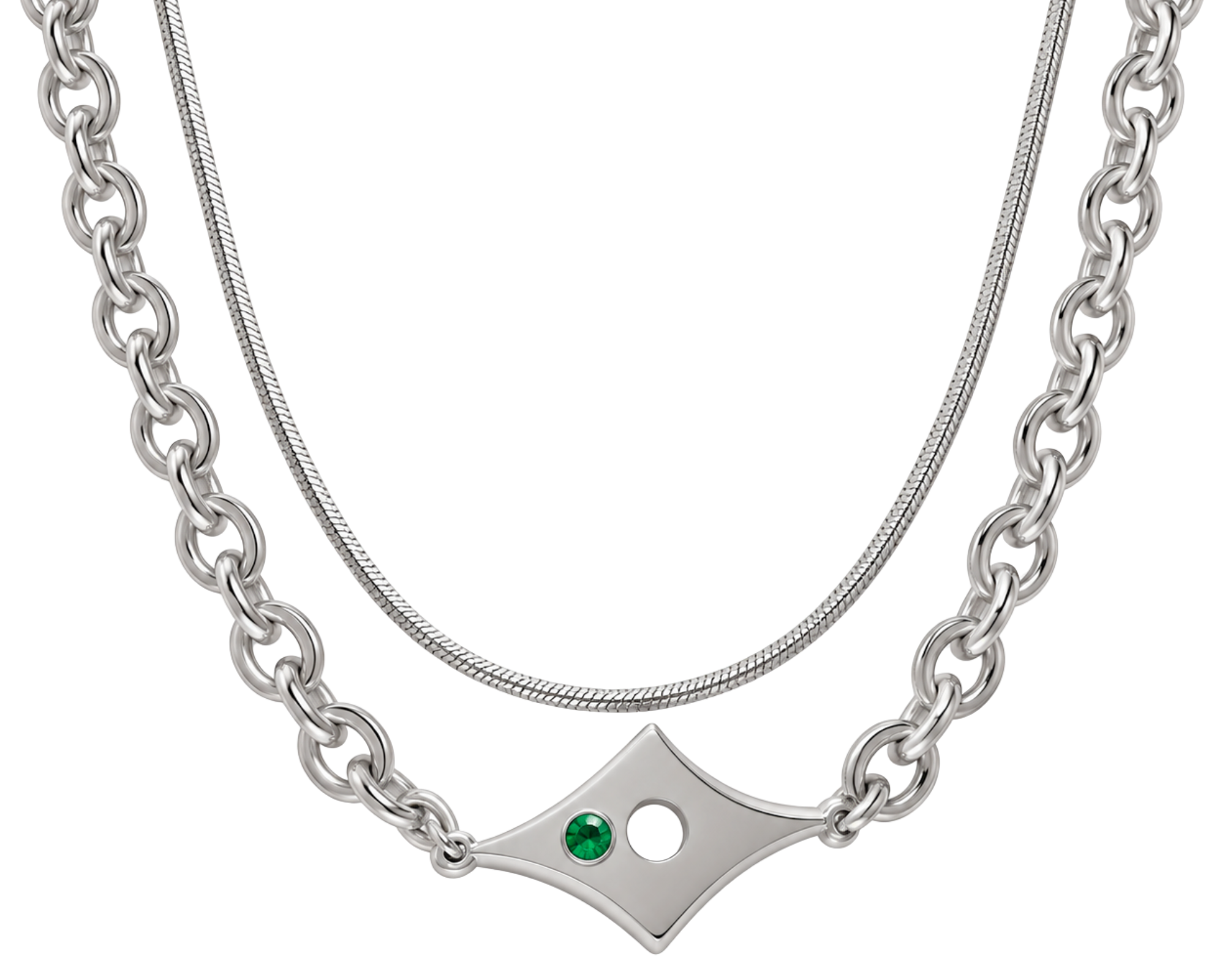 Pre-stacked green stone men's necklace by SALVE featuring multiple green stones on a silver chain.