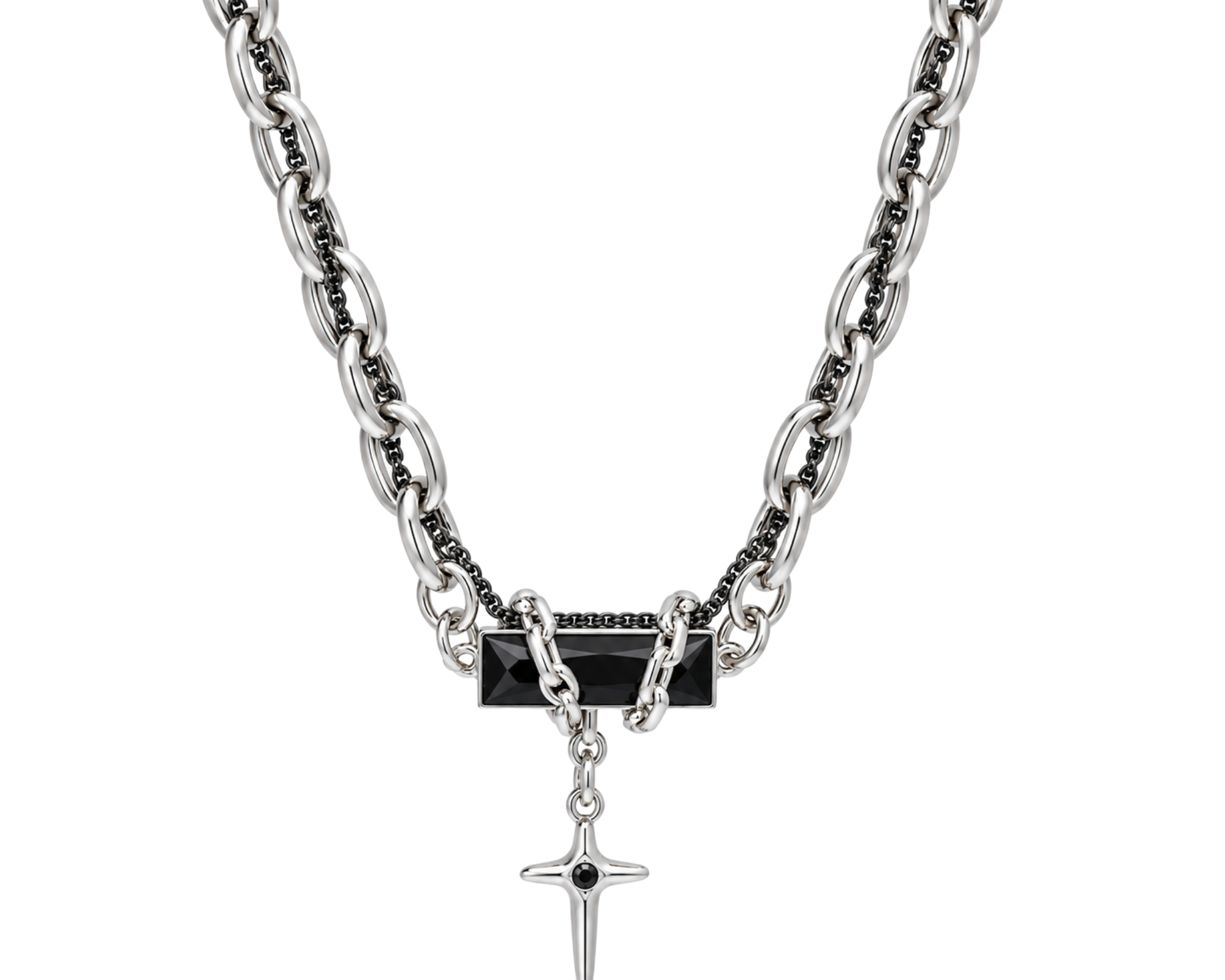 Gothic black cross necklace with silver chain for men, featuring a detailed cross pendant, from SALVE's necklace collection.