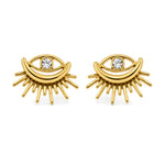 SALVE evil eye sunburst stud earrings with vibrant blue and gold accents, featuring a circular design and sparkling details
