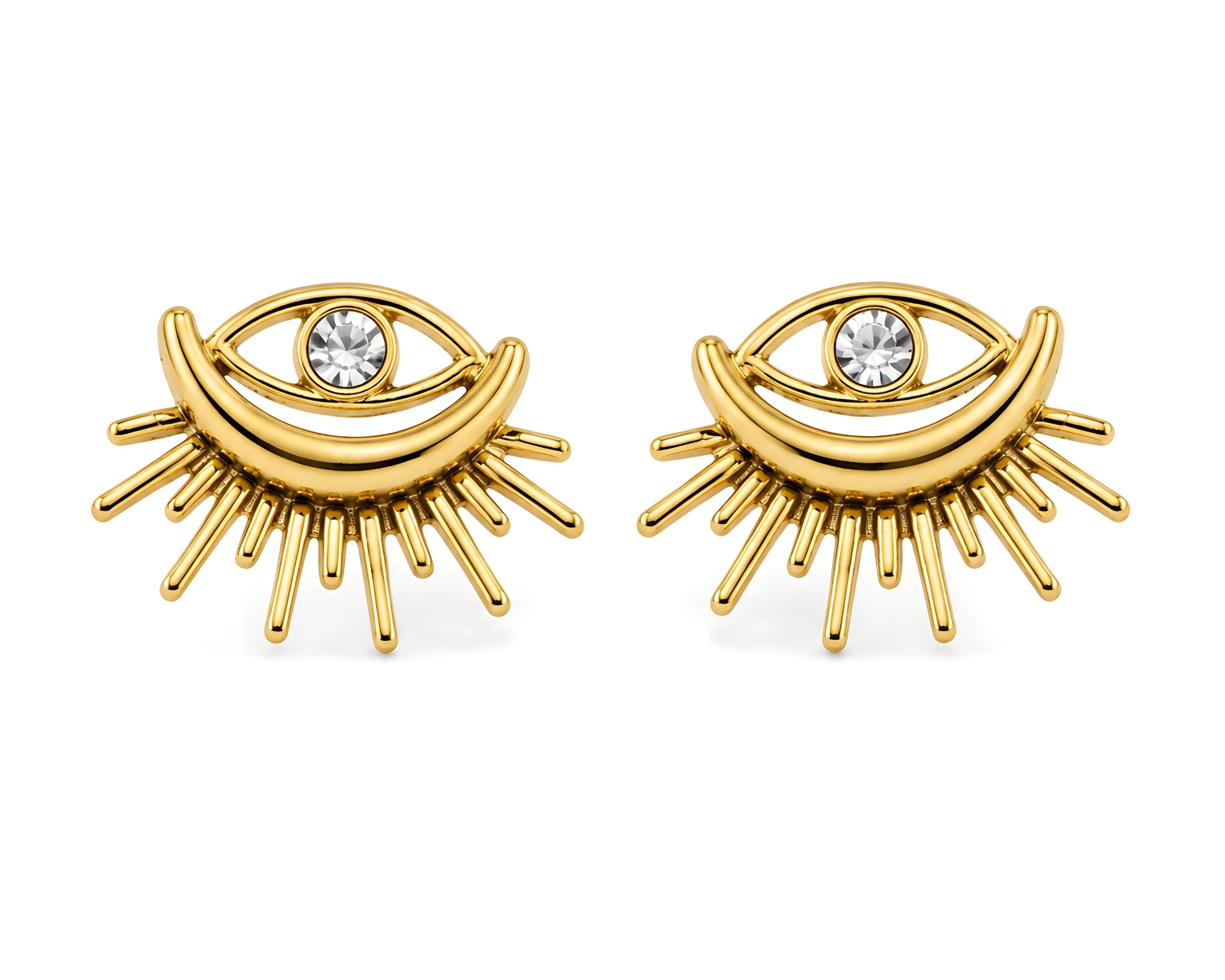SALVE evil eye sunburst stud earrings with vibrant blue and gold accents, featuring a circular design and sparkling details