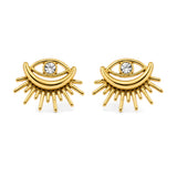 SALVE evil eye sunburst stud earrings with vibrant blue and gold accents, featuring a circular design and sparkling details