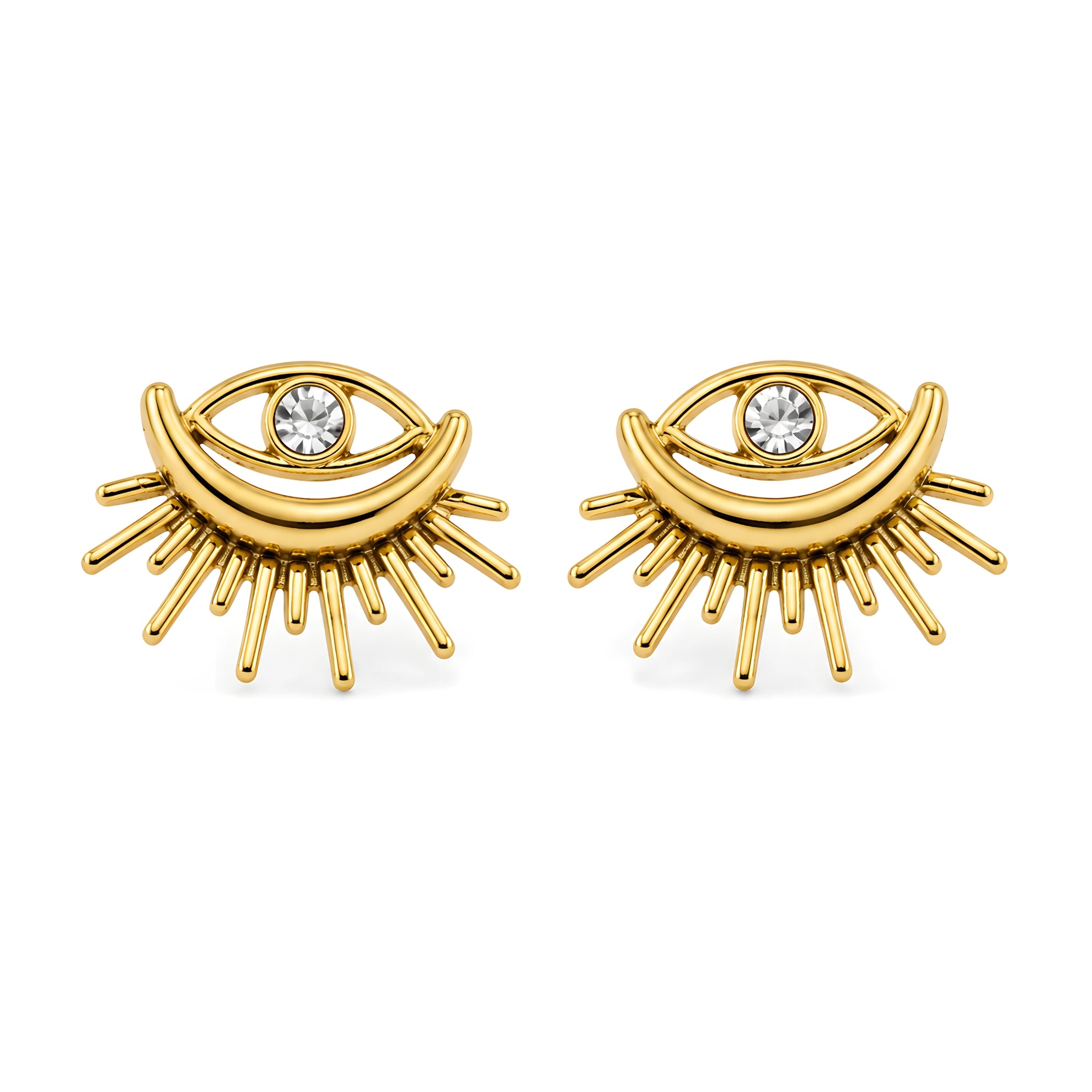 SALVE evil eye sunburst stud earrings with vibrant blue and gold accents, featuring a circular design and sparkling details