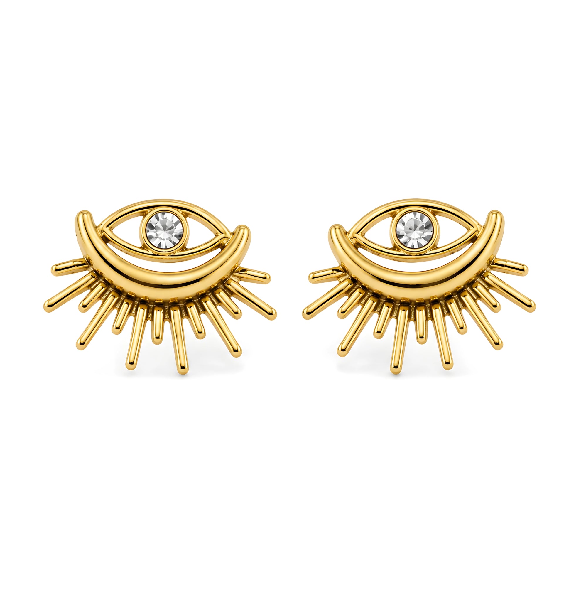 SALVE evil eye sunburst stud earrings with vibrant blue and gold accents, featuring a circular design and sparkling details