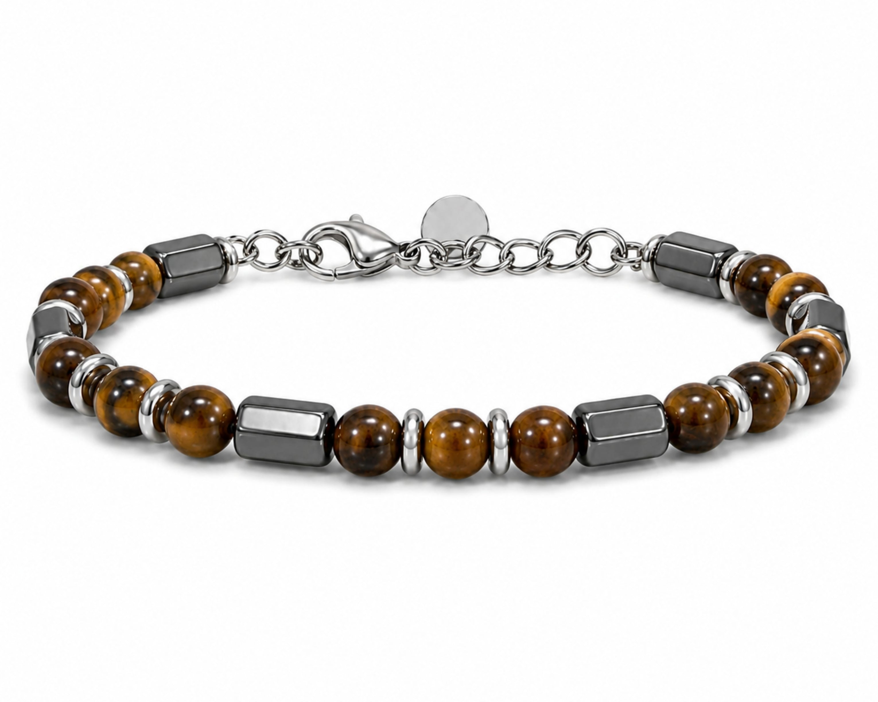 Salve tiger eye bead bracelet for men featuring smooth, polished round tiger eye stones on an elastic band.