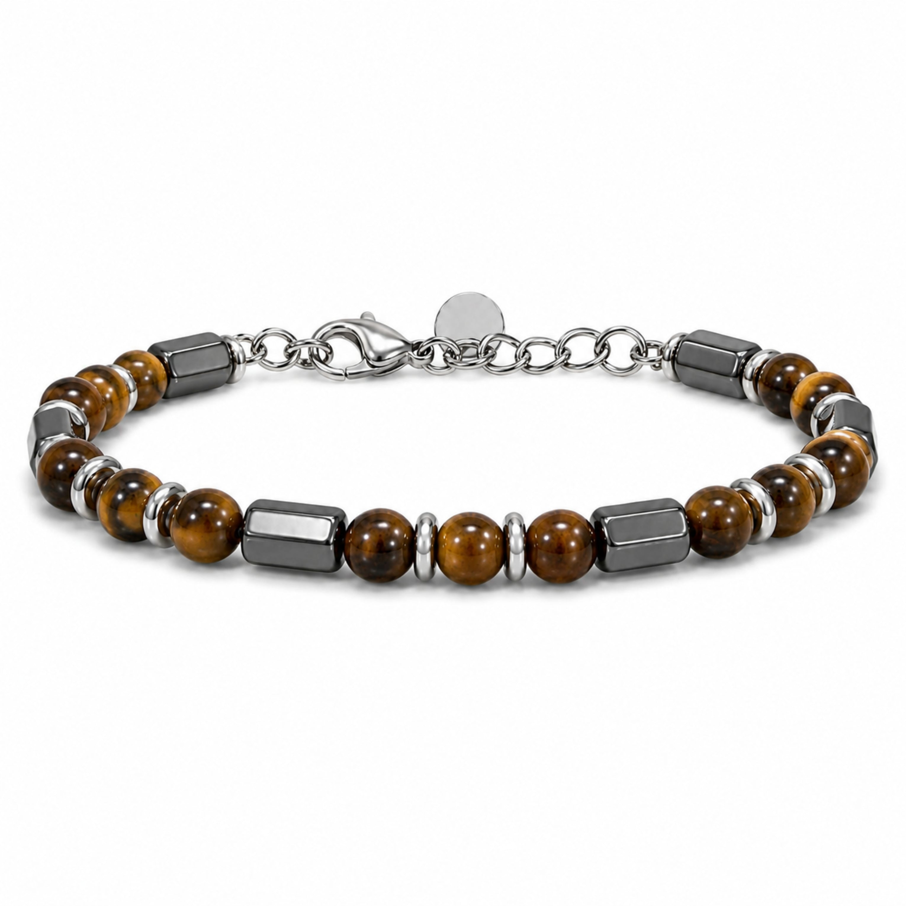 Salve tiger eye bead bracelet for men featuring smooth, polished round tiger eye stones on an elastic band.