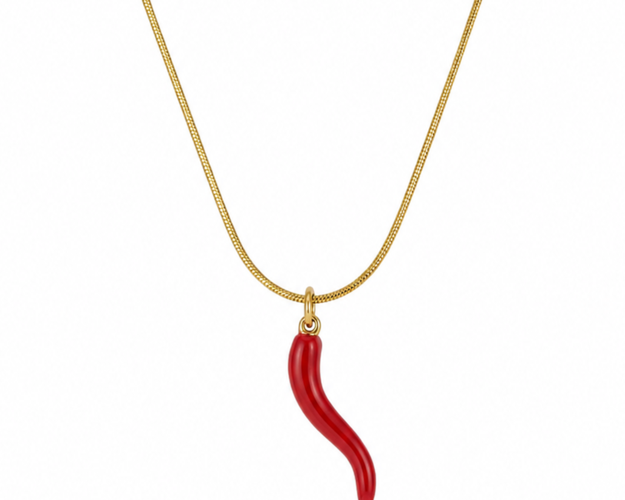 Red chili pendant necklace by SALVE featuring a vibrant chili-shaped pendant on a silver chain.