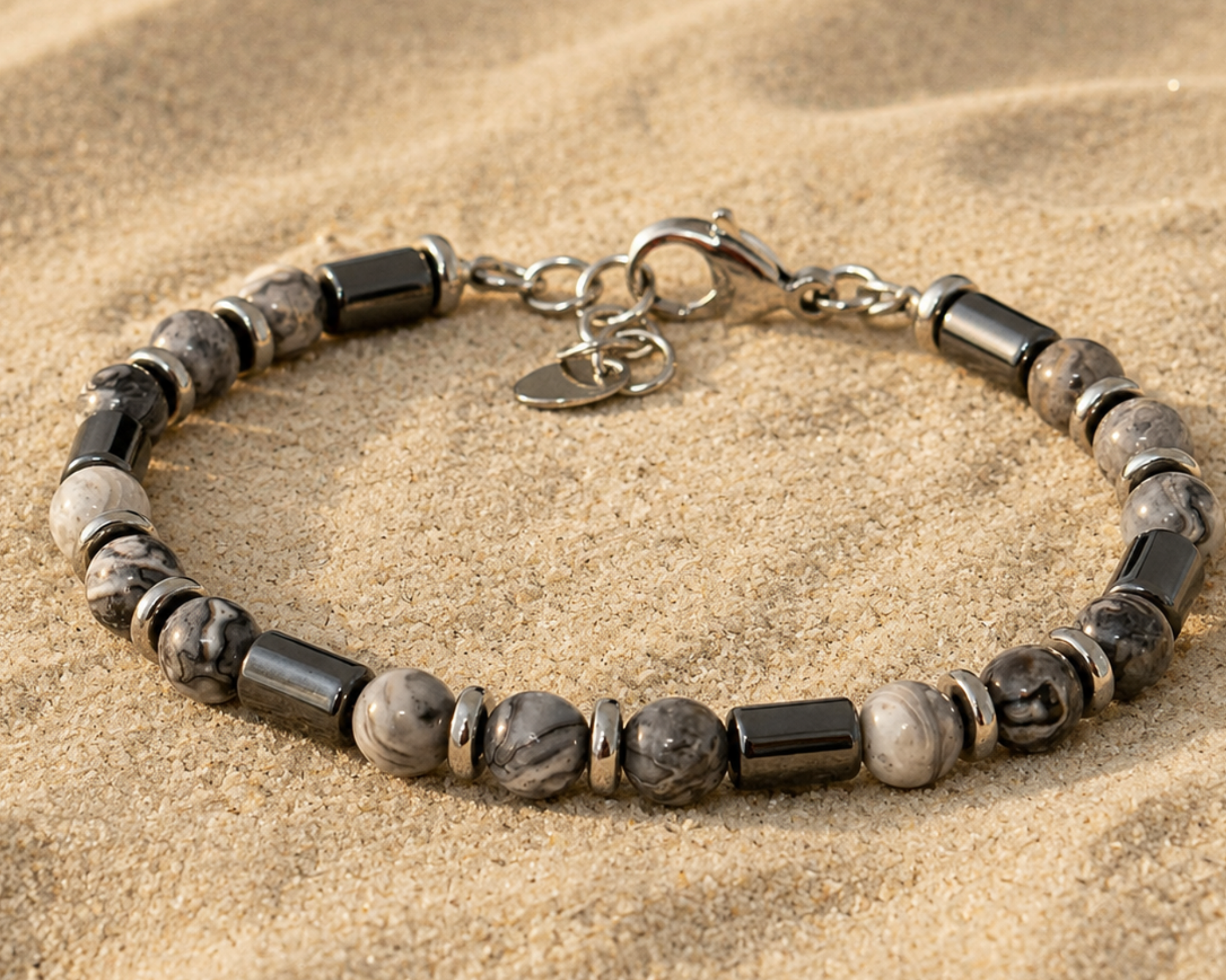 Beaded stone men's hand bracelet from SALVE with natural stone beads and adjustable cord for a stylish, casual accessory.