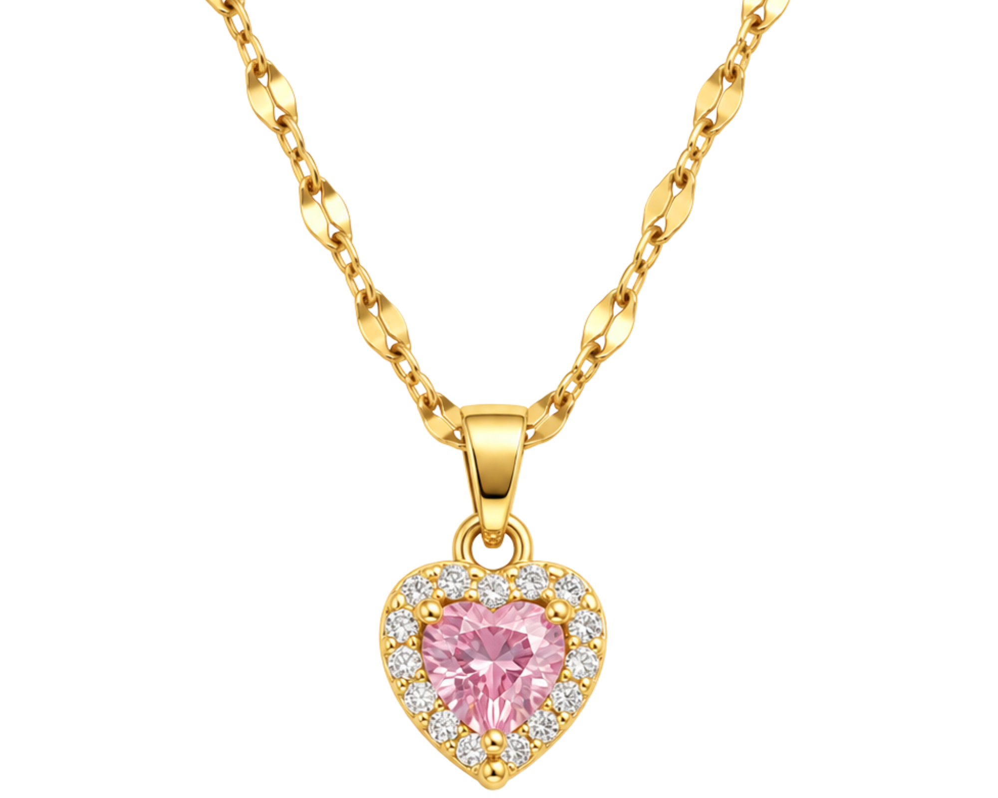 SALVE CZ Baby Pink Heart Pendant Necklace featuring a sparkling pink heart charm on a delicate chain.
