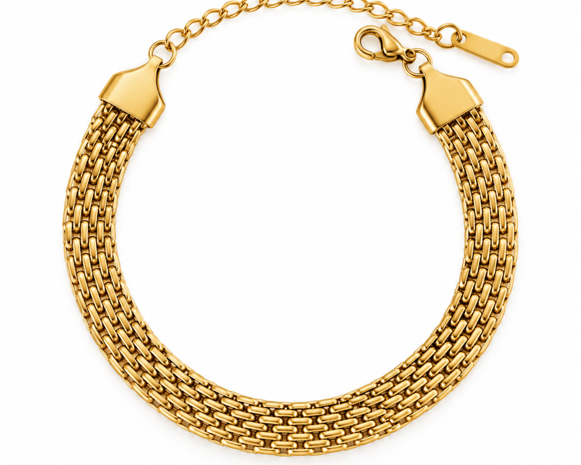 Gold-toned SALVE mesh bracelet with adjustable strap, featuring a stylish and modern design.