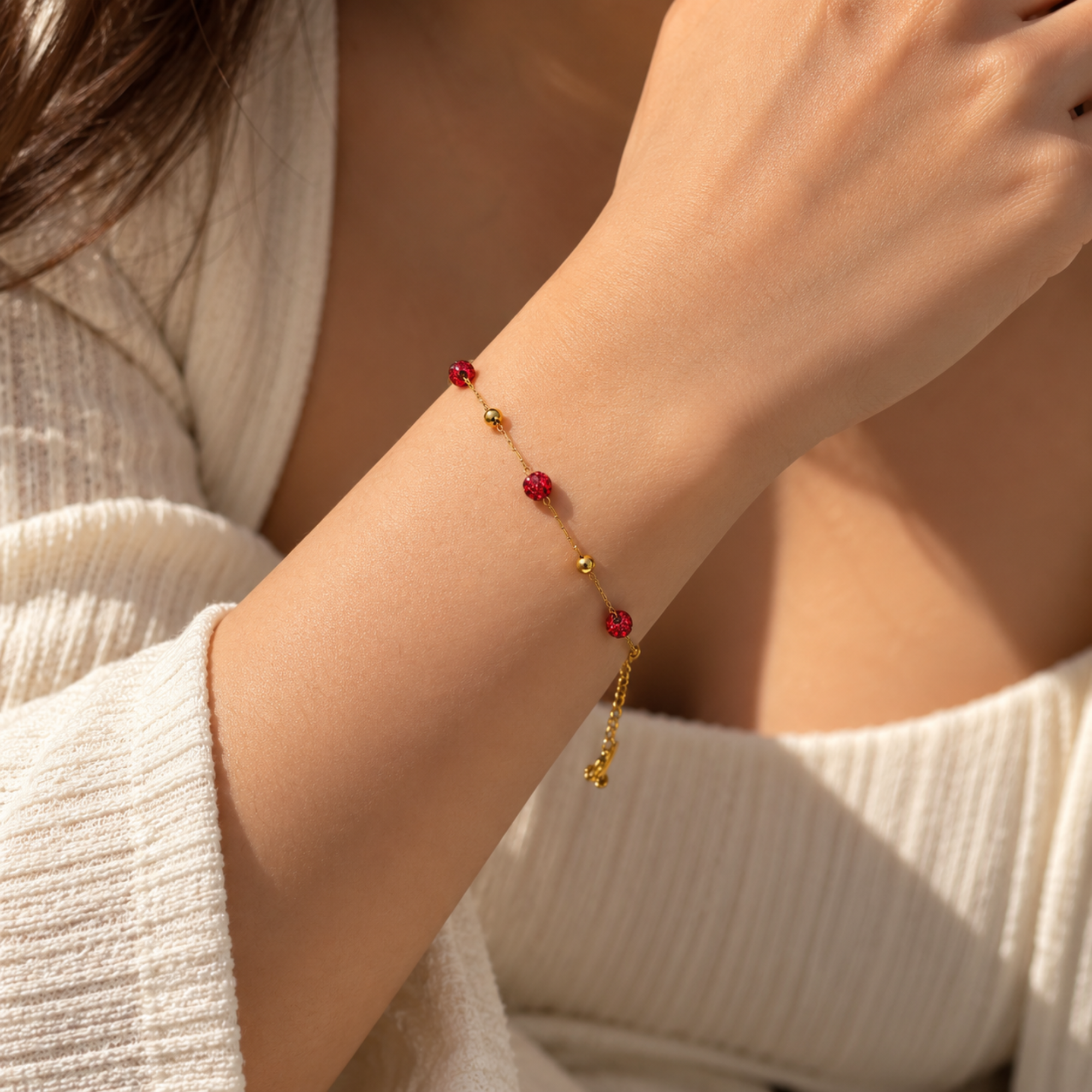 Salve red crystal anti-tarnish bracelet with sparkling red crystals, stylish jewelry accessory for everyday wear.