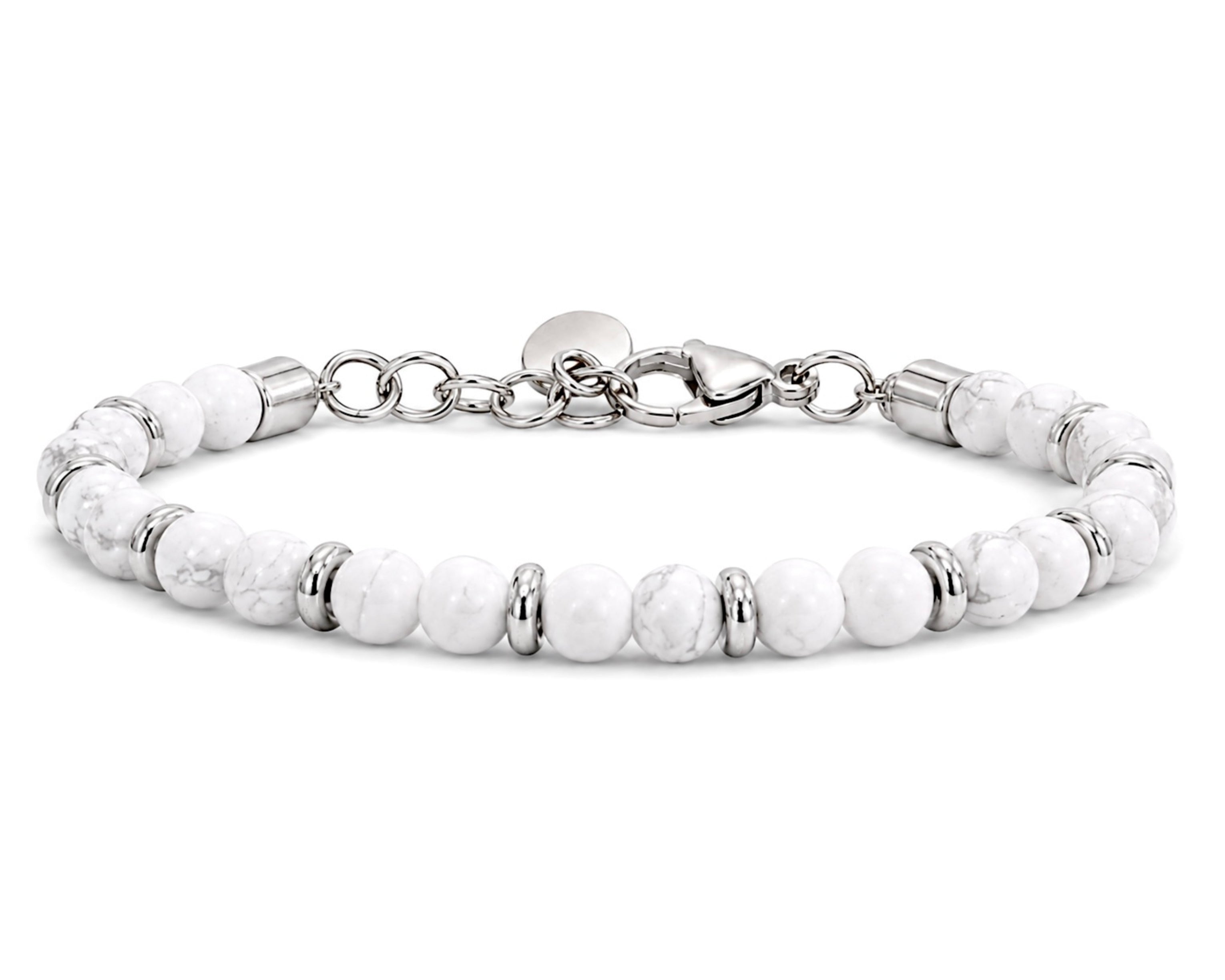White Howlite bracelet for men featuring polished beads, crafted by SALVE, showcasing a sleek and stylish accessory.