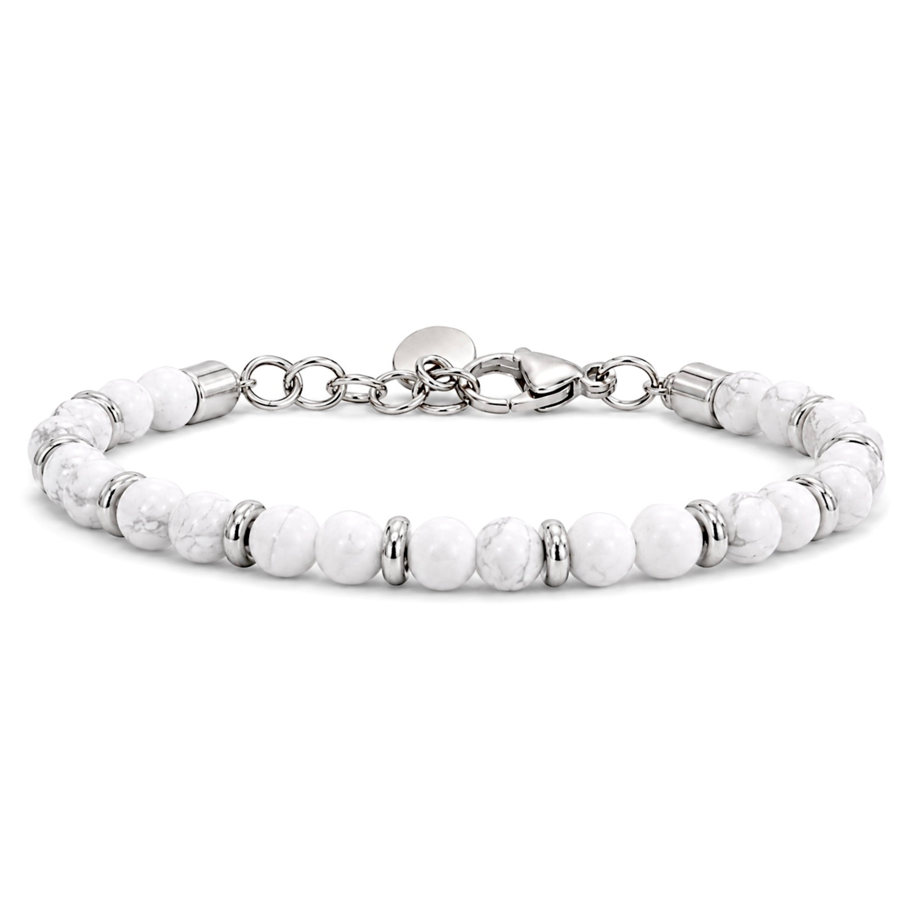 White Howlite bracelet for men featuring polished beads, crafted by SALVE, showcasing a sleek and stylish accessory.