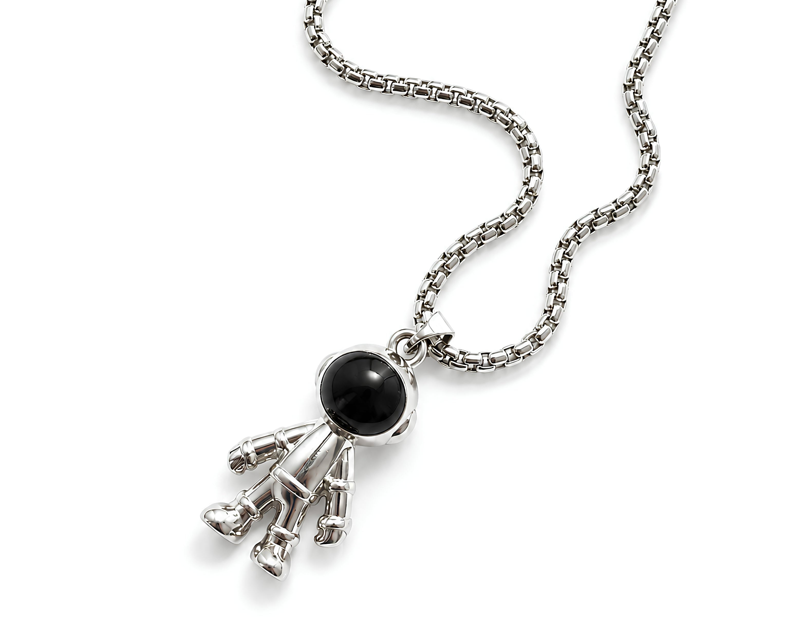 Salve astronaut pendant necklace for men featuring a detailed space-themed charm on a silver chain.