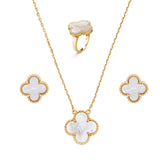 Salve White Clover Earrings Pendant Ring Set