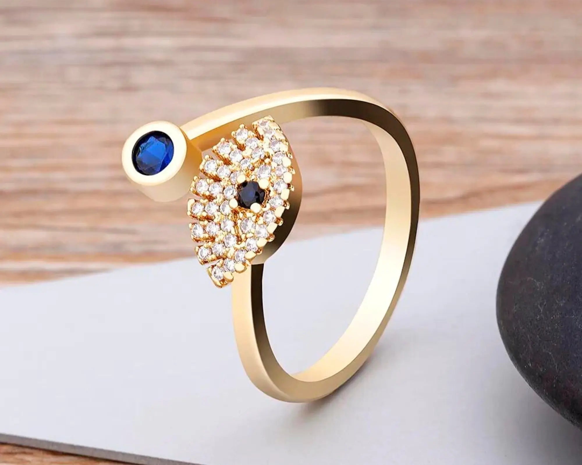 Salve Blue and Gold Evil Eye Adjustable Ring For Women - Salve