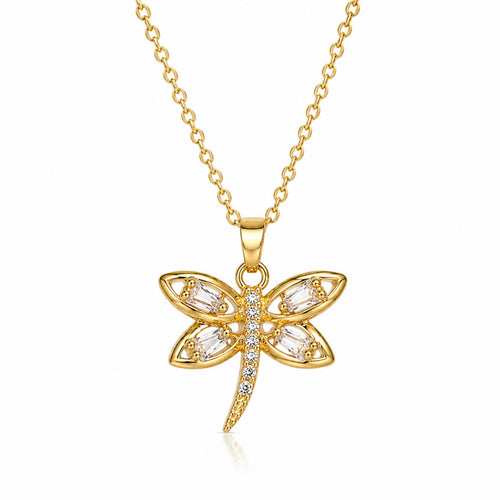 Salve dragonfly pendant necklace featuring a delicate silver dragonfly charm on a fine chain, close-up view.