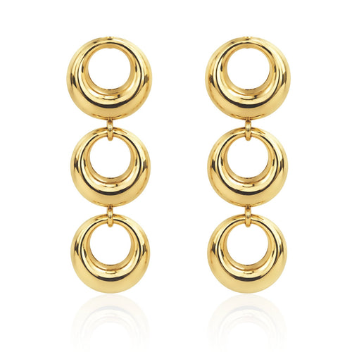 Salve triple circle drop earrings featuring three interconnected hoops in a stylish, modern design on a white background.