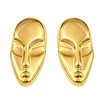 Gold SALVE Face Card statement stud earrings with bold, geometric design, showcased on a plain background.