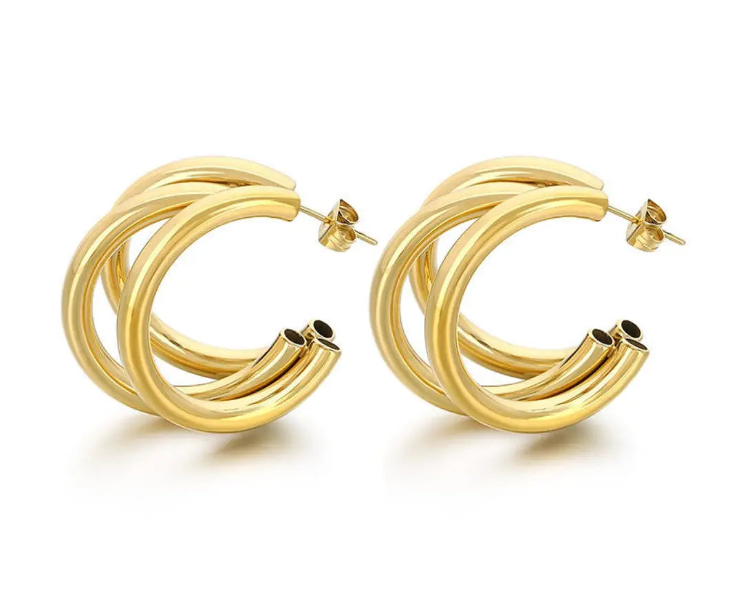 Salve C-Shaped ‘Chunky’ Triple Hoop Gold Earrings - Salve