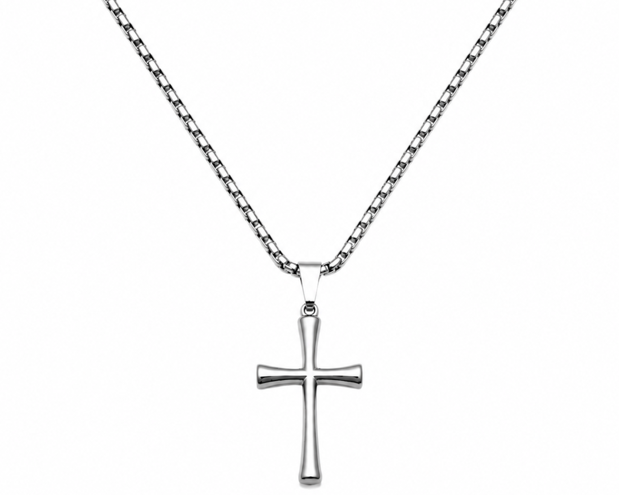 Silver-toned cross pendant necklace by SALVE, featuring a detailed Christian cross design on a sleek chain.