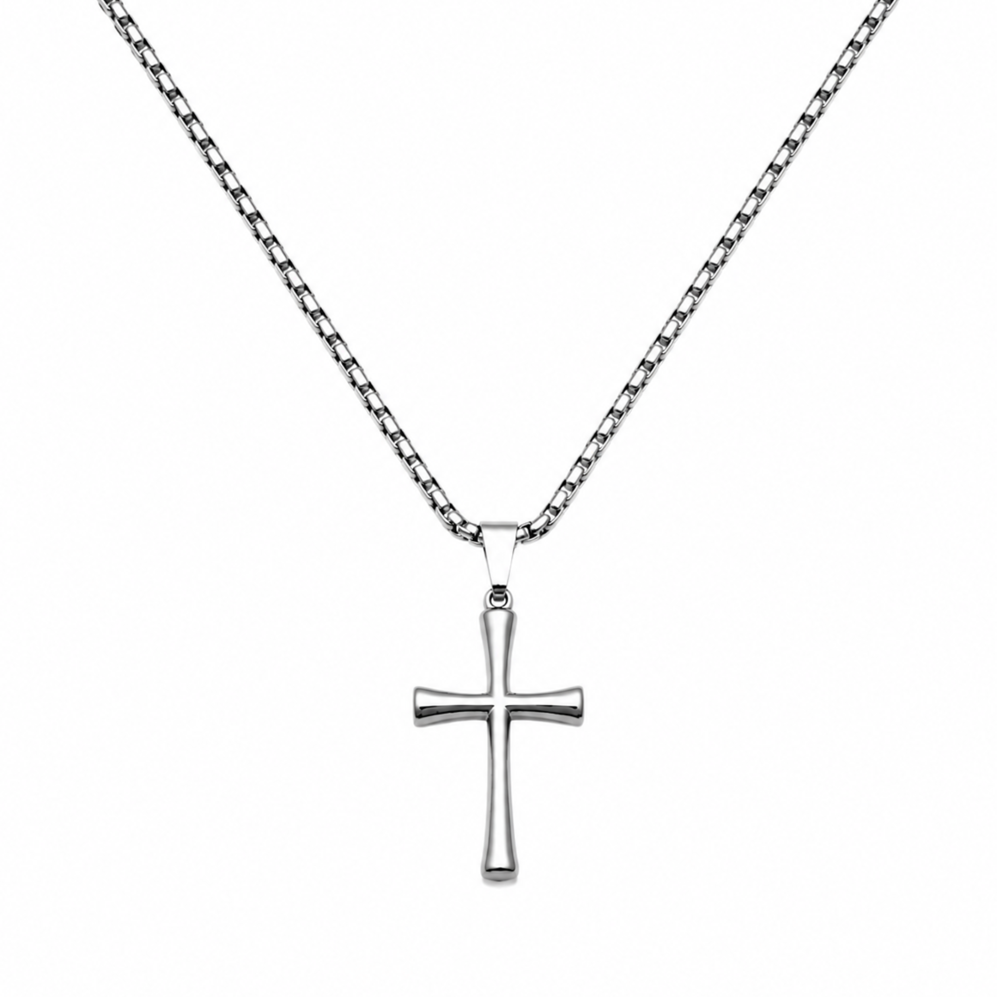 Silver-toned cross pendant necklace by SALVE, featuring a detailed Christian cross design on a sleek chain.