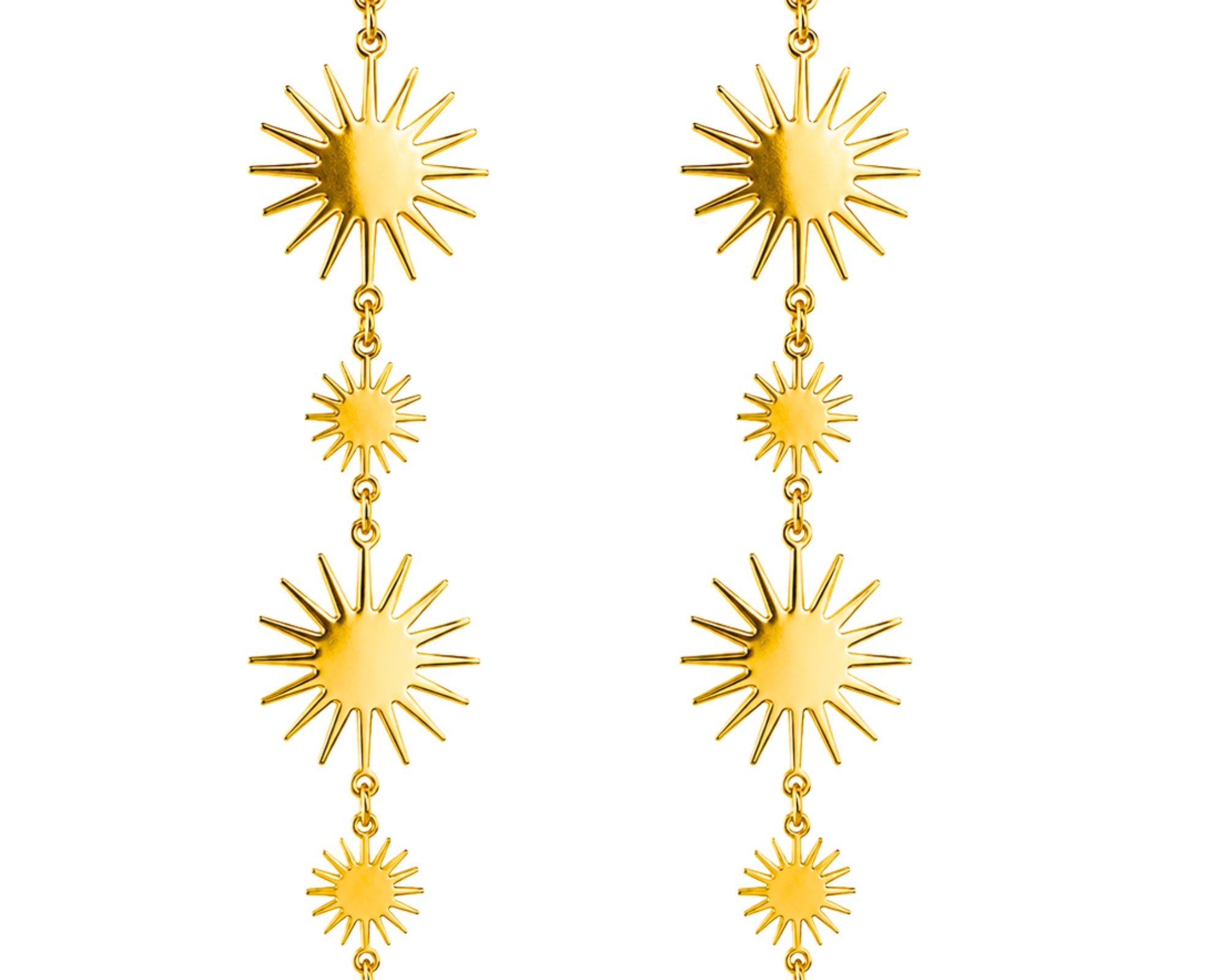 Salve Celestial Gold Sun Drop Earrings featuring a sun-shaped pendant with shiny gold finish and delicate dangle design.