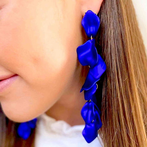 Salve ‘Floral’ Royal Blue Flower Petal Contemporary Dangle Drop Earrings | Statement, Hanging, Long Chandelier Festive Earrings