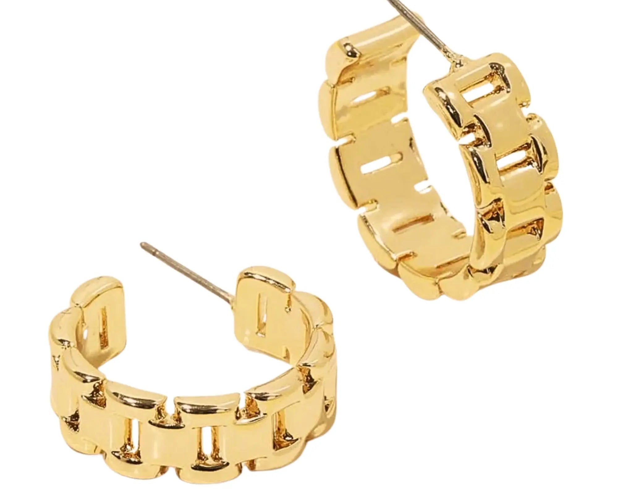 Salve Small Chunky Watch-Link Design Gold Hoop Earrings - Salve