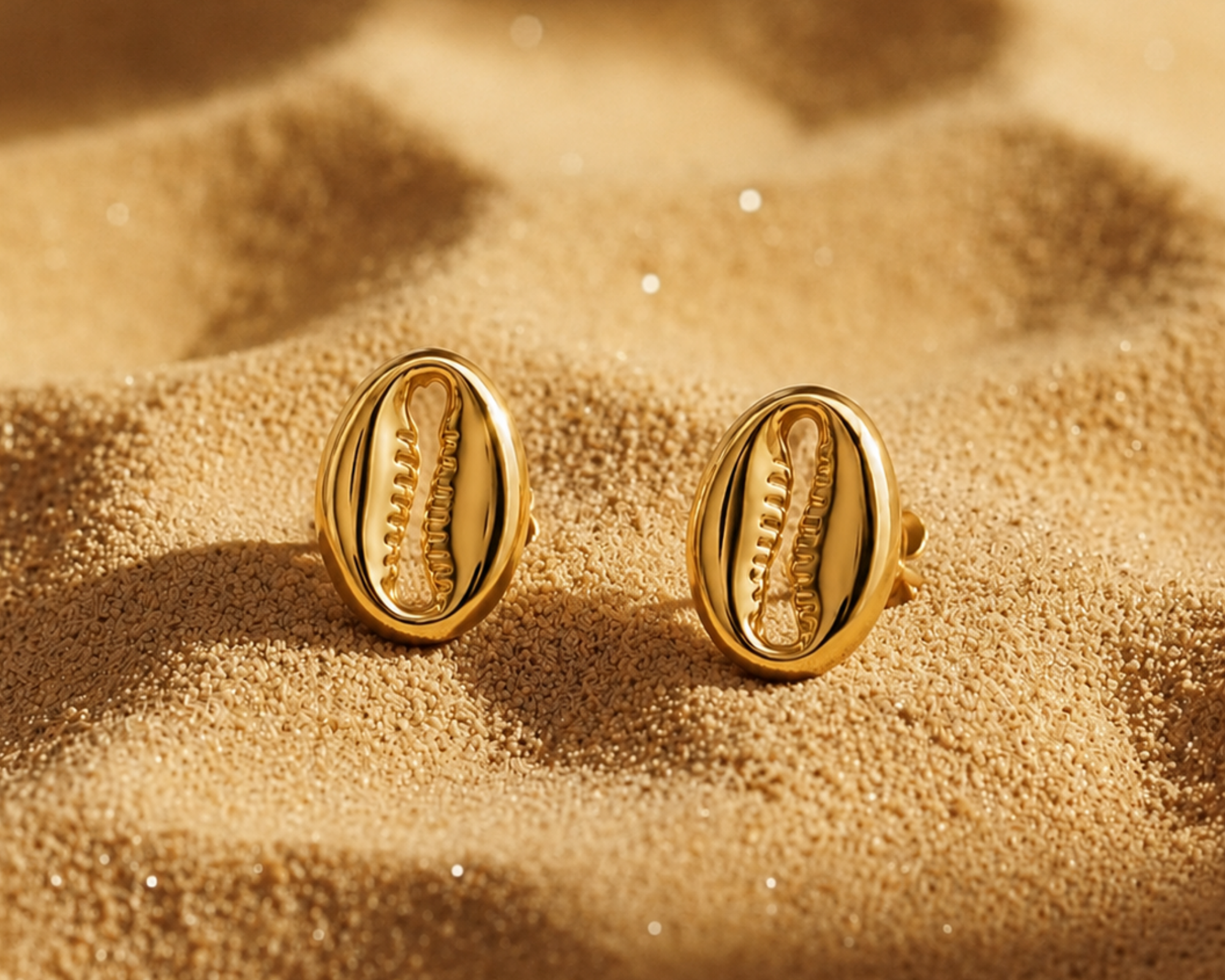 Gold earrings with cowrie shell accents by SALVE, featuring intricate design and tropical-inspired style.