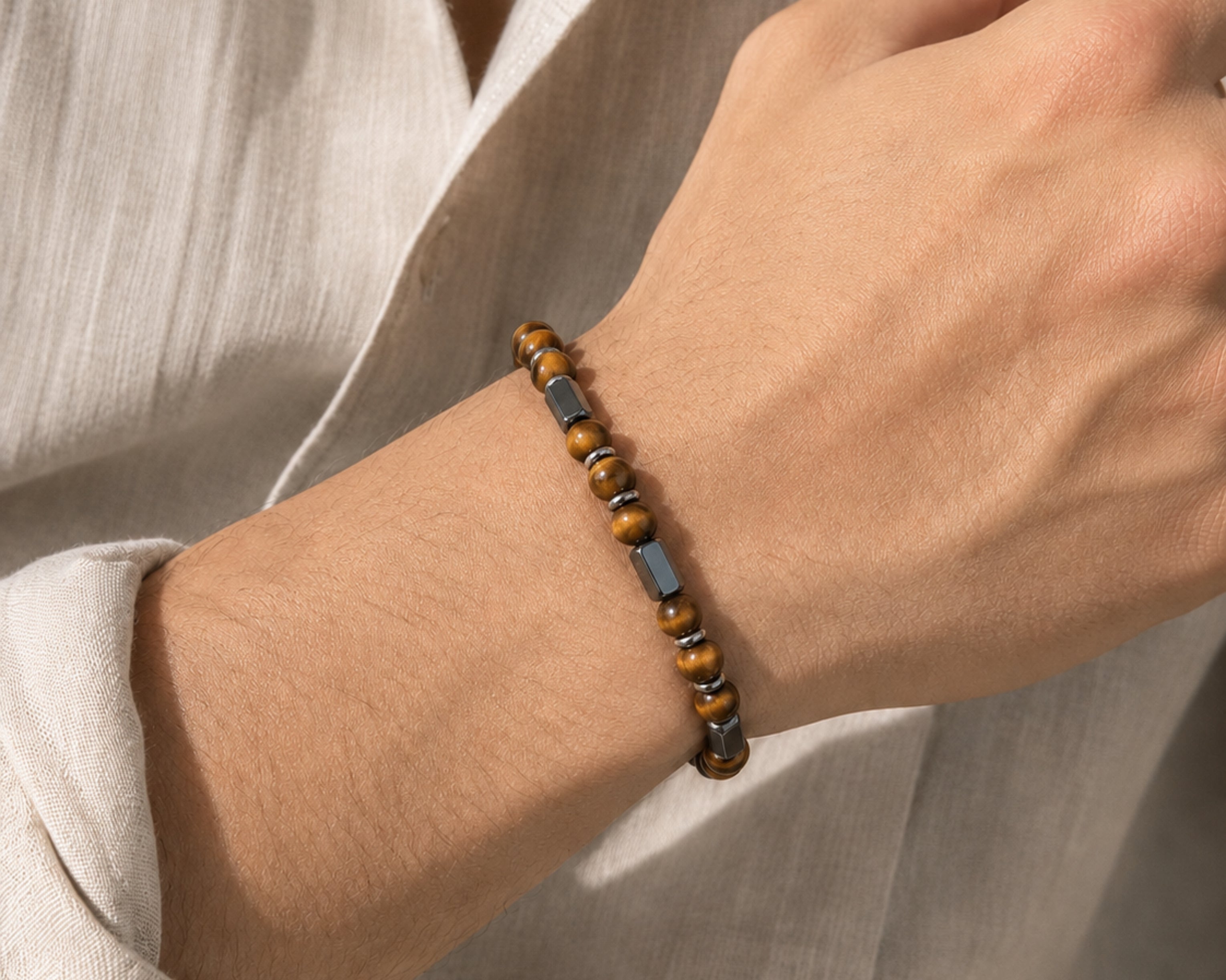 Salve Tiger Eye bead bracelet for men featuring polished round tiger eye stones on an elastic cord.