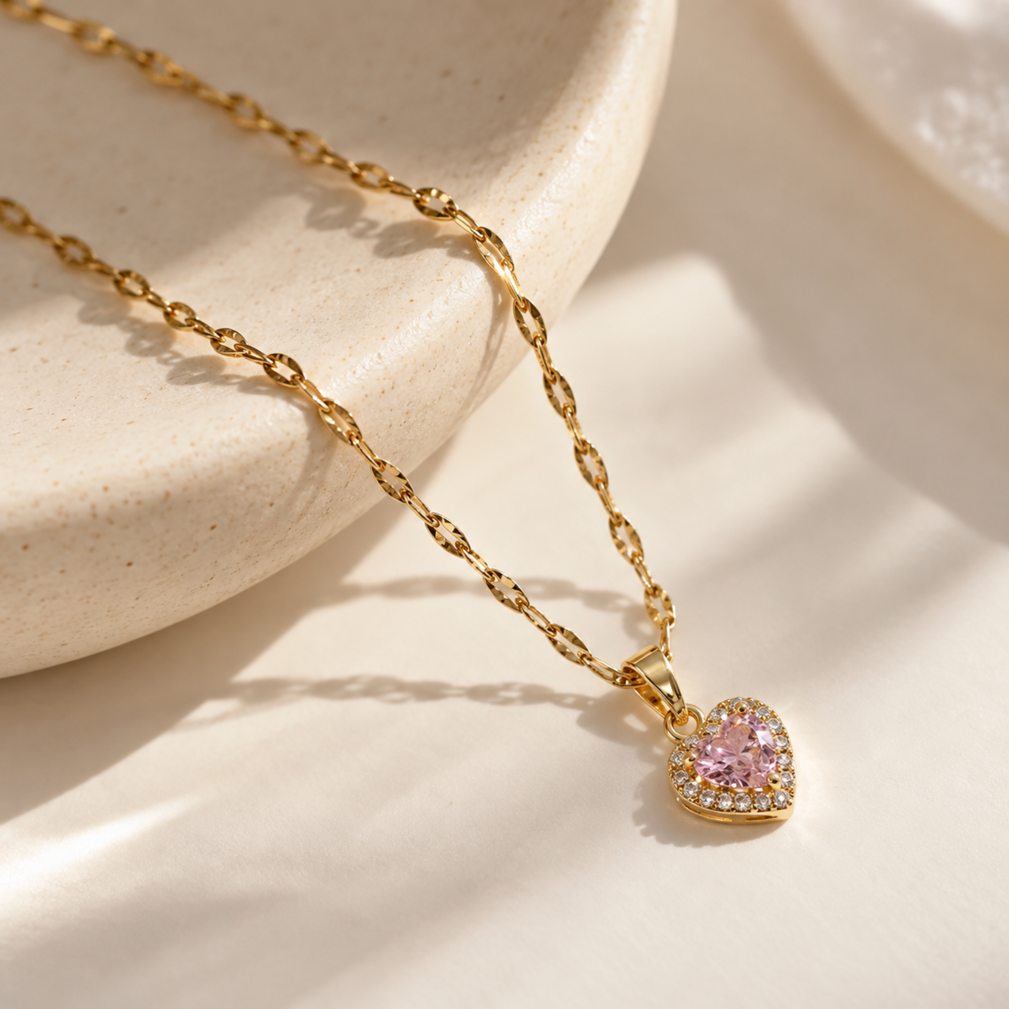 Salve CZ baby pink heart pendant necklace with a sparkling gemstone, showcasing a delicate jewelry design.
